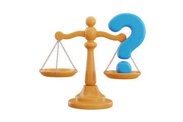 A 3D rendering of scales of justice with a question mark, symbolizing uncertainty and legal questions. background removed