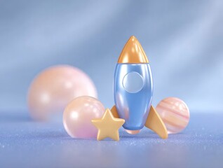青と金のロケットの静物画と球体と星