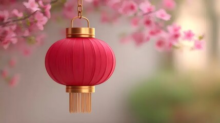 赤い提灯とぼかし桜の花のクローズアップ