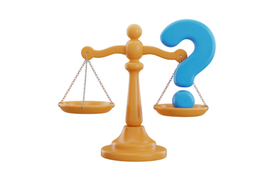 A 3D rendering of scales of justice with a question mark, symbolizing uncertainty and legal questions. background removed