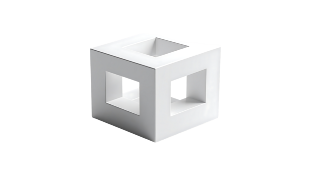 A white, matte cube with a smaller, nested cube-shaped void in its center, creating an interlocked, three-dimensional effect
