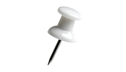 A single, white, plastic-headed thumbtack with a slender, metallic pin, angled slightly to the right against a black background