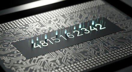 Glowing Numbers on Circuit Board: Futuristic Technology and Data Transmission Concept