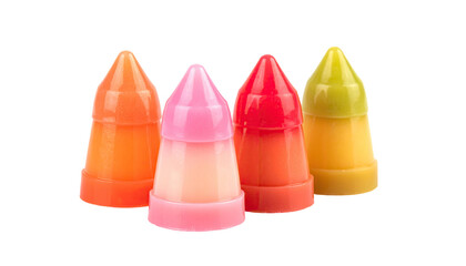 Four colorful, cone-shaped containers, likely for lip balm or similar, in shades of orange, pink, red-pink, and yellow-green. They are arranged in a slightly staggered row, facing forward
