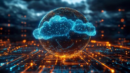 Digital Cloud Globe: A vibrant digital depiction of a globe encased in a cloud, radiating with interconnected data streams, symbolizing the essence of cloud computing and global connectivity.  - Powered by Adobe