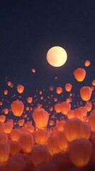 満月と空飛ぶ赤いランタンの夜空