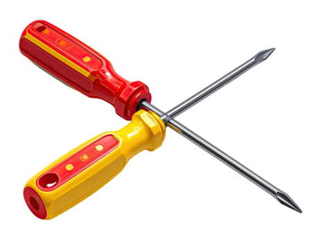 Two crossed screwdrivers, red and yellow handles,  metal shafts