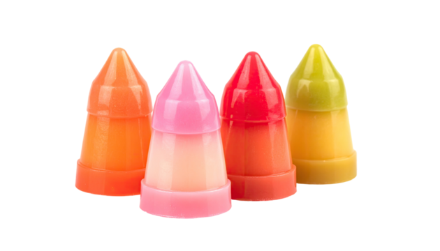 Four colorful, cone-shaped containers, likely for lip balm or similar, in shades of orange, pink, red-pink, and yellow-green.  They are arranged in a slightly staggered row, facing forward