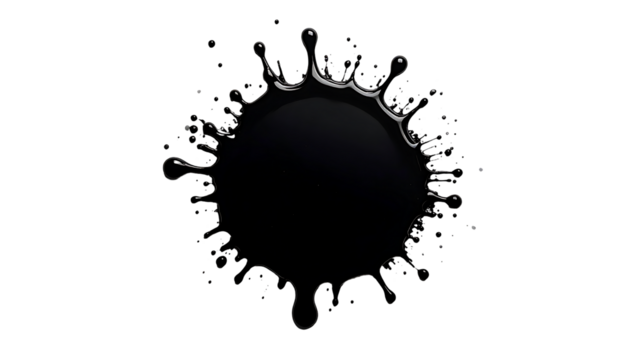 Dark liquid droplet impact, forming a crown splash with tiny colorful speckles against a black backdrop
