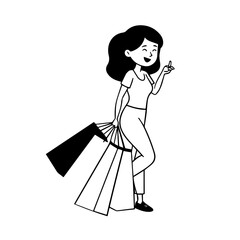 Black and white line art of a beautiful happy woman carrying shopping bags minimalist cheerful illustration