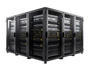 Five dark gray server racks, glass-fronted, filled with lit technological components, arranged in an L-shape, on wheels, against a black background