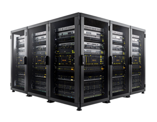 Five dark gray server racks, glass-fronted, filled with lit technological components, arranged in an L-shape, on wheels, against a black background
