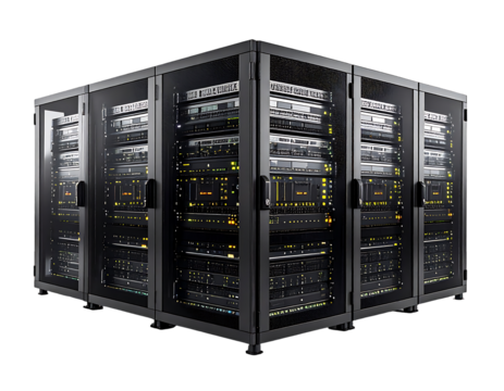 Five dark gray server racks, glass-fronted, filled with lit technological components, arranged in an L-shape, on wheels, against a black background - Powered by Adobe