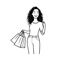 Black and white line art of a beautiful happy woman carrying shopping bags minimalist cheerful illustration