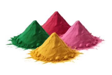 Four vibrant piles of Holi powder in green, red, pink, and yellow, arranged as colorful peaks against a transparent background. background removed