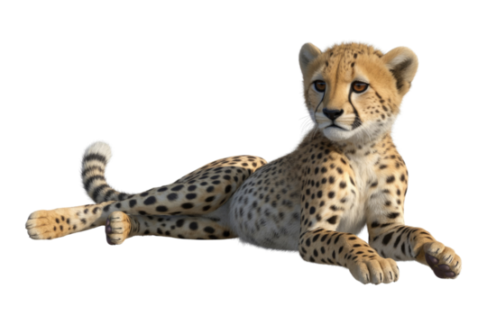A cute cheetah cub lies down, showcasing its spotted coat and relaxed posture. background removed