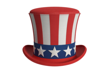 A 3D rendering of a red, white, and blue Uncle Sam top hat, a patriotic symbol of America. background removed