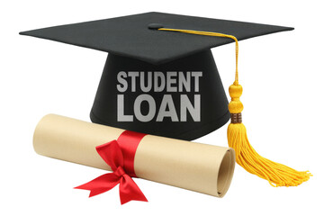 Graduation cap with 'Student Loan' written on it, accompanied by a diploma, symbolizes the financial burden of higher education. background removed