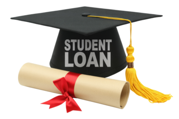 Graduation cap with 'Student Loan' written on it, accompanied by a diploma, symbolizes the financial burden of higher education. background removed