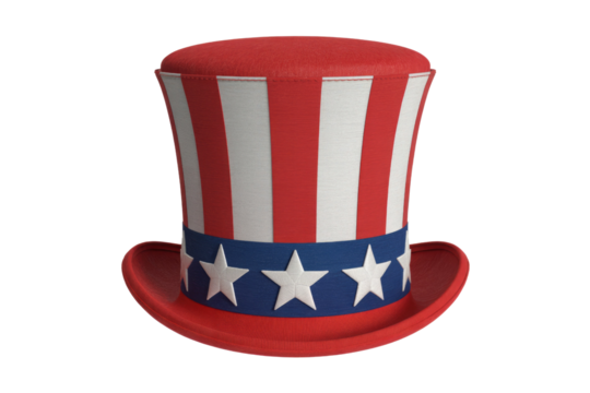 A 3D rendering of a red, white, and blue Uncle Sam top hat, a patriotic symbol of America. background removed