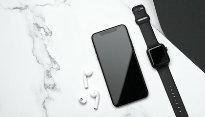Modern Technology Gadgets Flat Lay Composition.