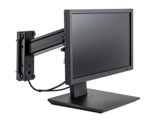 A dark gray flat-screen monitor is mounted on a sturdy, articulated arm extending from a wall or desk mount.  The arm allows for flexible positioning