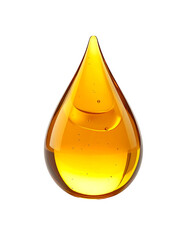 A single, glistening amber droplet of viscous liquid, exhibiting internal reflections and subtle surface tension