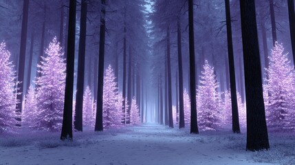 Naklejka premium Enchanting Purple Forest Pathway in Mysterious Winter Wonderland