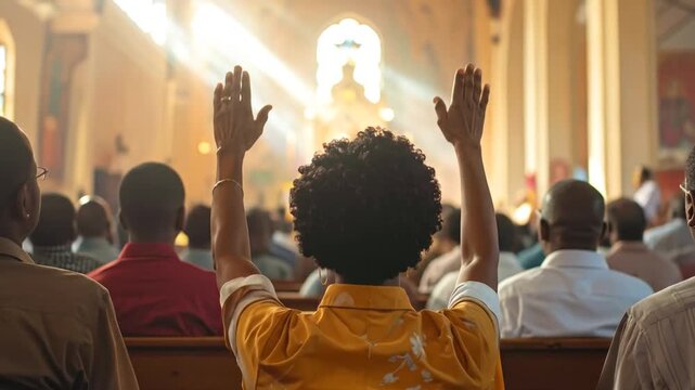 A person with hands raised in worship at church.