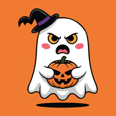 Angry Ghost Holding Jack-o’-Lantern Pumpkin – Spooky Halloween Cartoon Vector Illustration