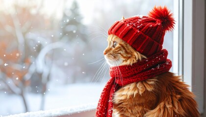 Cute Cat in Red Hat by the Winter Window