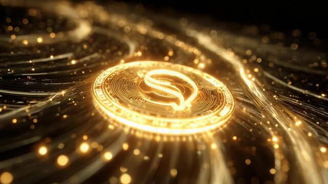 Golden cryptocurrency coin with a chat bubble logo floating over swirling streams of digital information and glowing particles, representing blockchain technology, finance, and secure communication