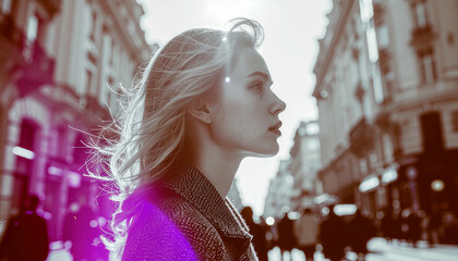 Young woman with blonde hair in profile bathed in sunlight on a city street.