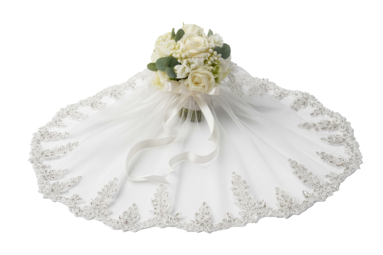 A bridal bouquet of white roses and greenery, elegantly displayed on a delicate, beaded wedding veil. background removed
