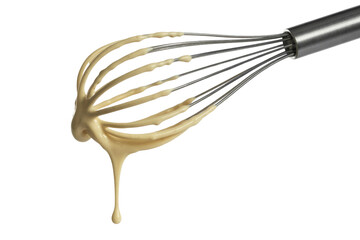 A metal whisk with creamy sauce dripping down, isolated on a transparent background. background removed