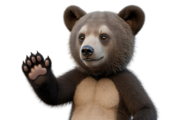 Adorable 3D rendered brown bear cub waving hello with its paw. background removed
