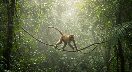 Obraz premium A Golden Lion Tamarin Monkey Navigates a Lush Tropical Rainforest Canopy