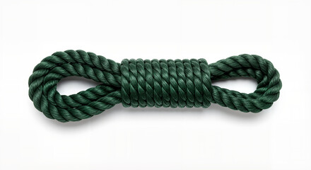 Green battle rope tied in a bow on white background, versatile training equipment for fitness