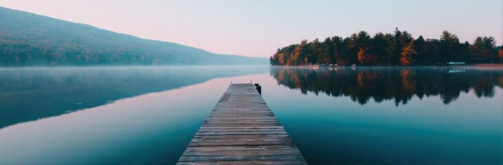 Tranquil waters meet a wooden dock, reflecting misty mountain and treeline under a soft sky. Serene, peaceful, and scenic