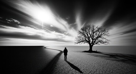 Lone Figure Stands Before Barren Tree Under Dramatic Sky in Monochrome Landscape