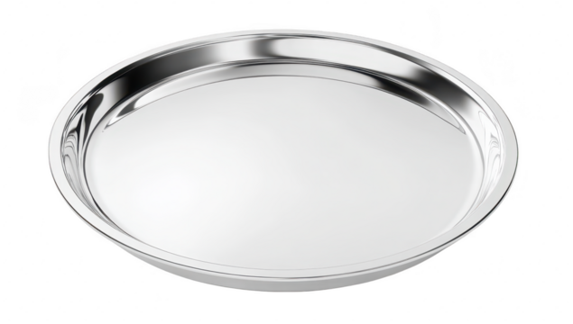 A shiny stainless steel serving tray. elegantly reflecting light. positioned against a clean white background. ideal for catering events. parties. or restaurant use
