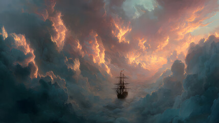 A ship sailing through glowing clouds