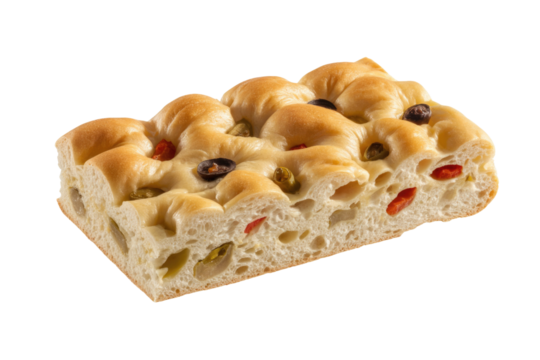 A slice of focaccia bread with olives and sundried tomatoes, isolated on a transparent background. background removed