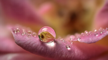 A single dewdrop on a rose petal at dawn, reflecting the surrounding garden like a tiny crystal world, ultra-realistic macro