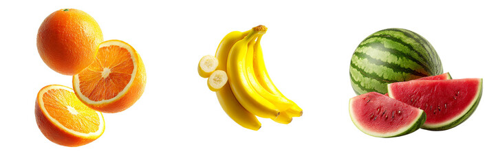 Realistic set of orange, banana, and watermelon fruits for food design