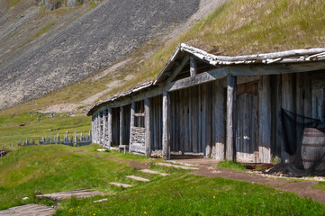 Vestrahorn Iceland, viking turf roof house on abandoned film set
