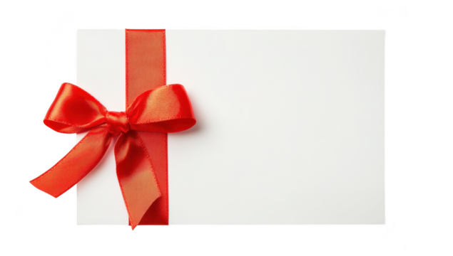 A pristine white gift card adorned with a red ribbon and bow. resting on a clean surface. ideal for celebrating special occasions or as a thoughtful present