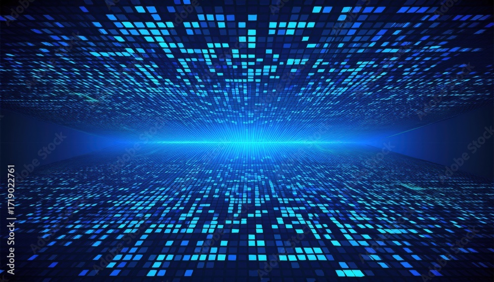 Wall mural abstract digital data grid with glowing blue squares representing futuristic technology and virtual 
