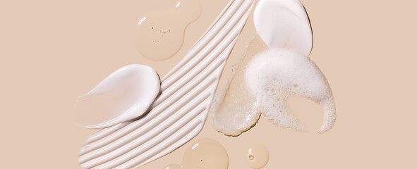 samples of cosmetic care products smear of cream gel texture on a beige background, moisturizing and skin care concept