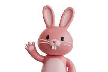 Obraz premium Pink cartoon rabbit waving hello, 3D render, cute, friendly. background removed